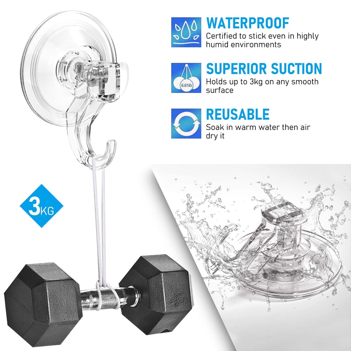 Quntis Suction Cup Hooks 4 Pack, Multi-Purpose Clear Shower Suction Hooks Waterproof Heavy Duty Wreath Hanger for Bathroom, Window, Towel, Shower Wall, Tile, Glass Door, Camper