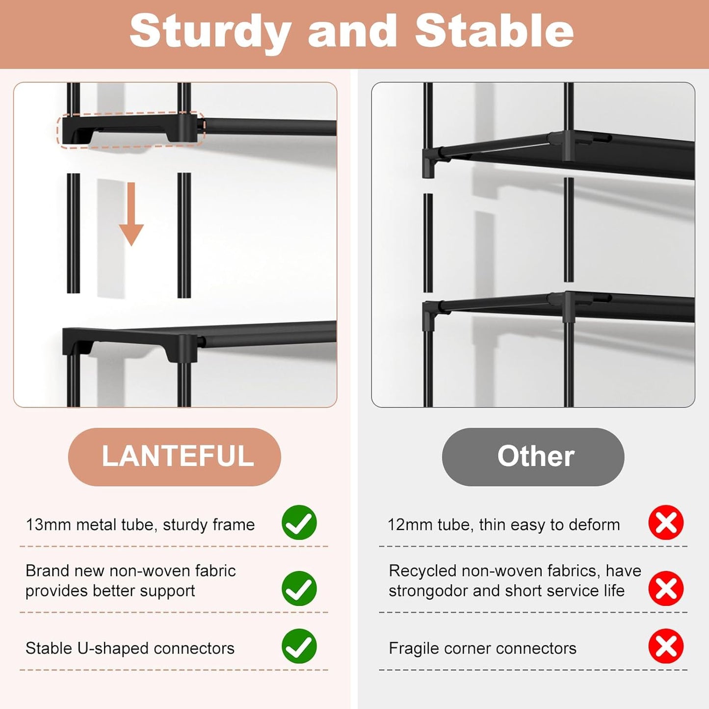 LANTEFUL 3-Tier Shoe Rack - Stackable Shoe Organizer with 5 Hooks for Entryway & Small Spaces