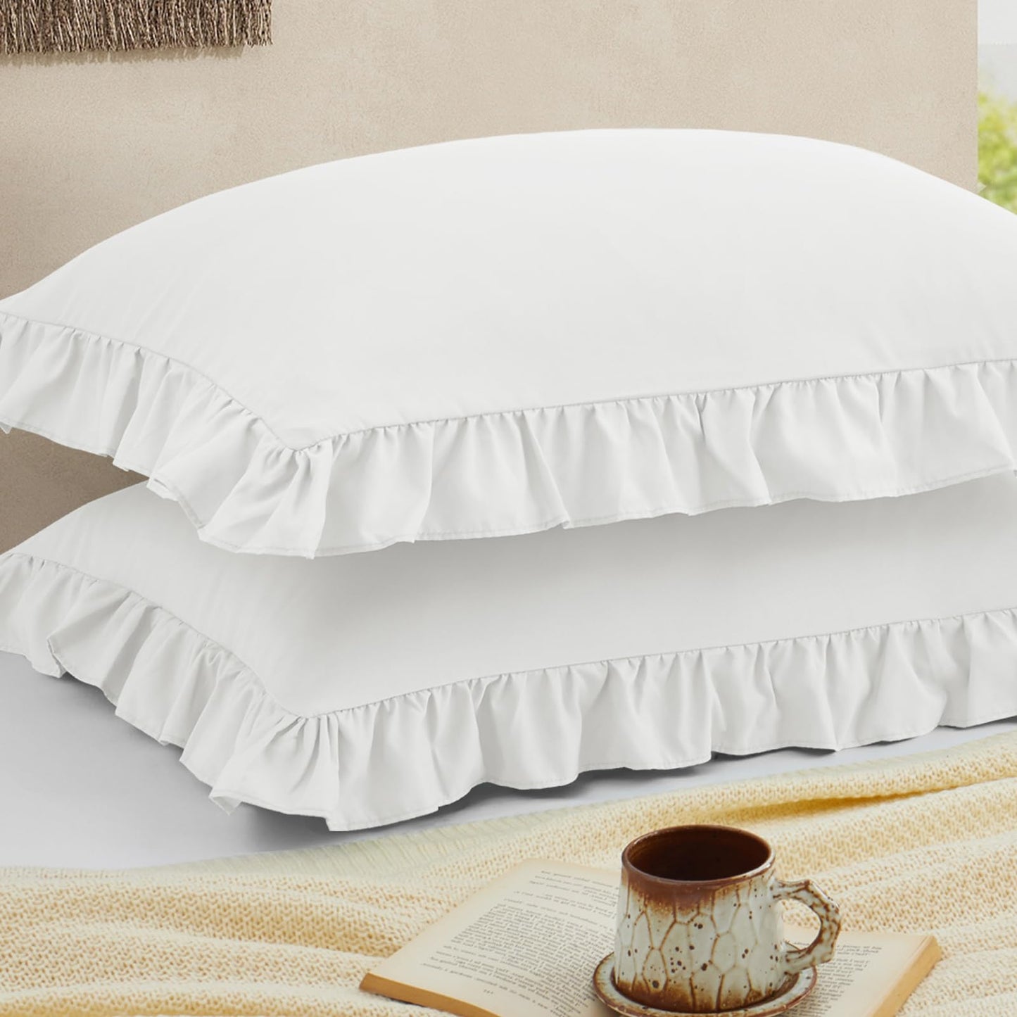 Cobedzy Ruffled Pillow Cases Set of 2, White Standard Pillow Shams Brushed Microfiber Edge Ruffled Soft Pillow Cover with Envelope Closure for Bedding Decor (20"x26")
