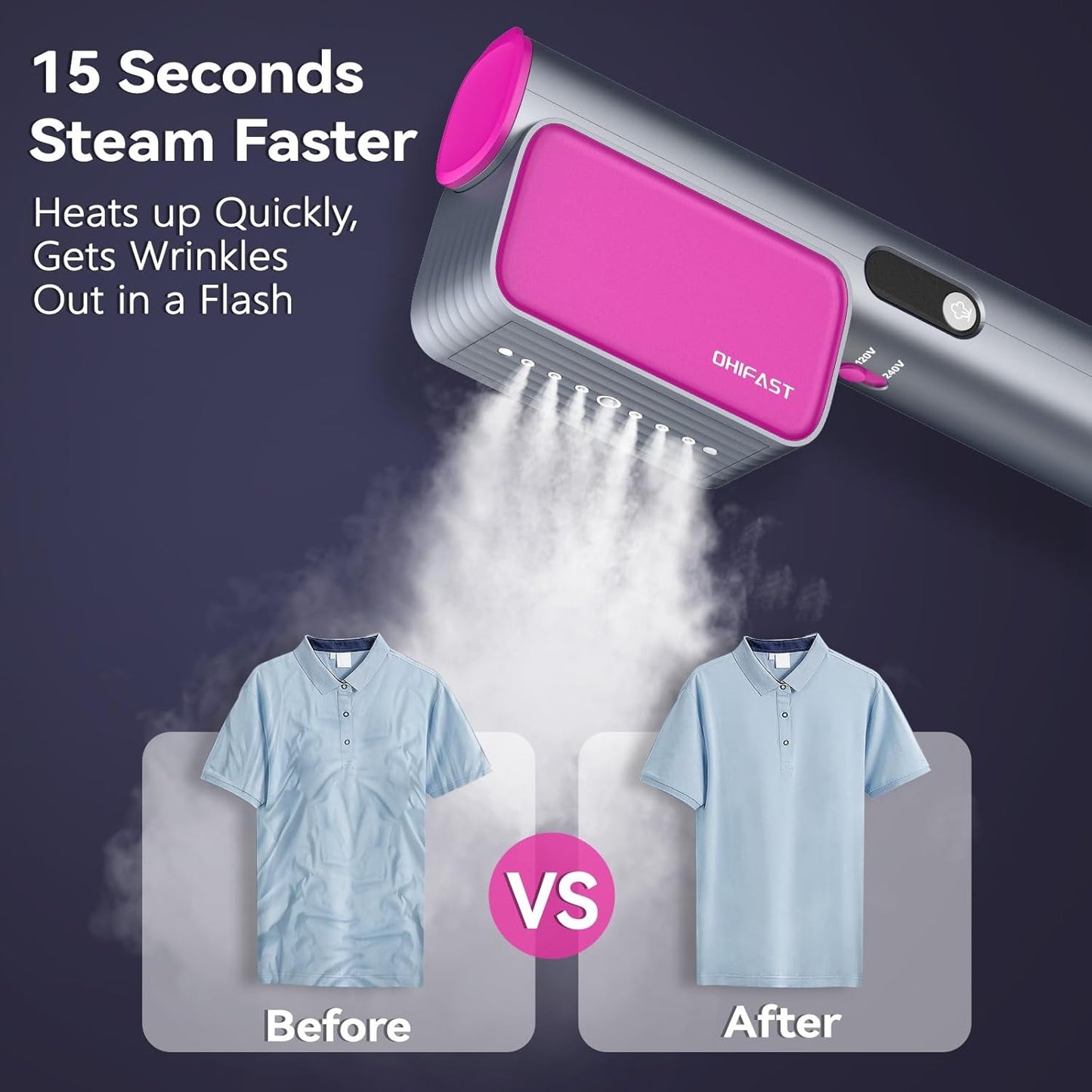 OHIFAST Dual Voltage Travel Steamer - Portable Handheld Garment Steamer with 15s Fast Heat-Up | 9 Mins Continuous Steam