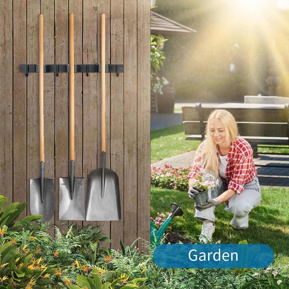 Stainless Steel Broom Hanger & Mop Holder | Heavy-Duty Garden Tool Organizer Rack - Matte Black, 2 Pack
