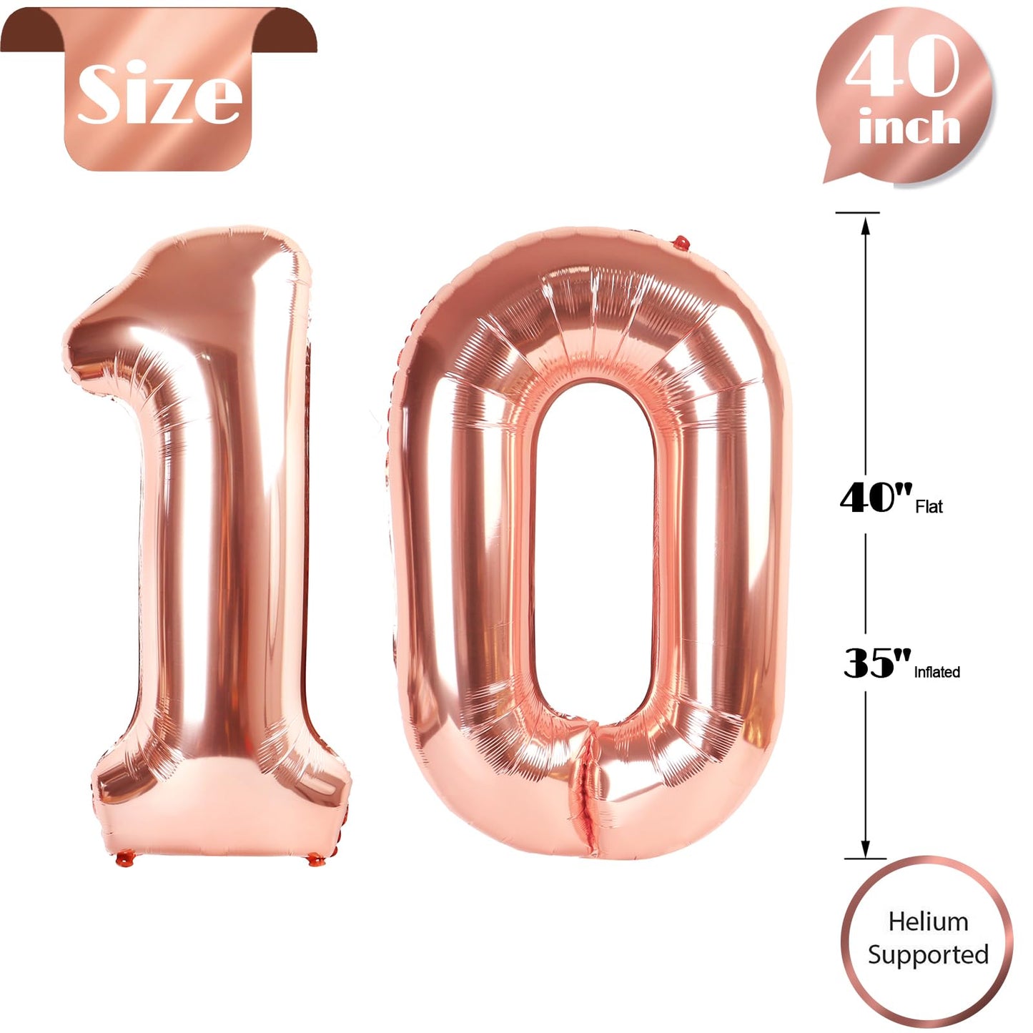 Rose Gold Number 10 Balloon 40 inch, 10 Number Balloons, 10th Birthday Decorations for Girls Boys, 10 Year Old Rose Gold Party Supplies