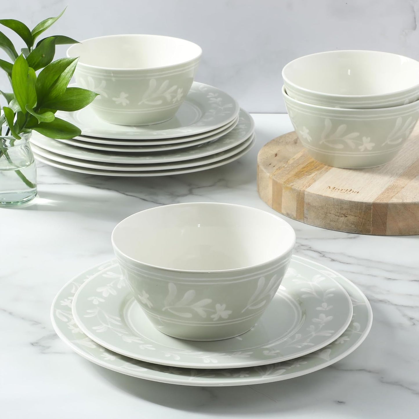 Martha Stewart Dinnerware Set - Maiden Crown 12-Piece Sage Green Dish Set | Floral Design, Microwave & Dishwasher Safe