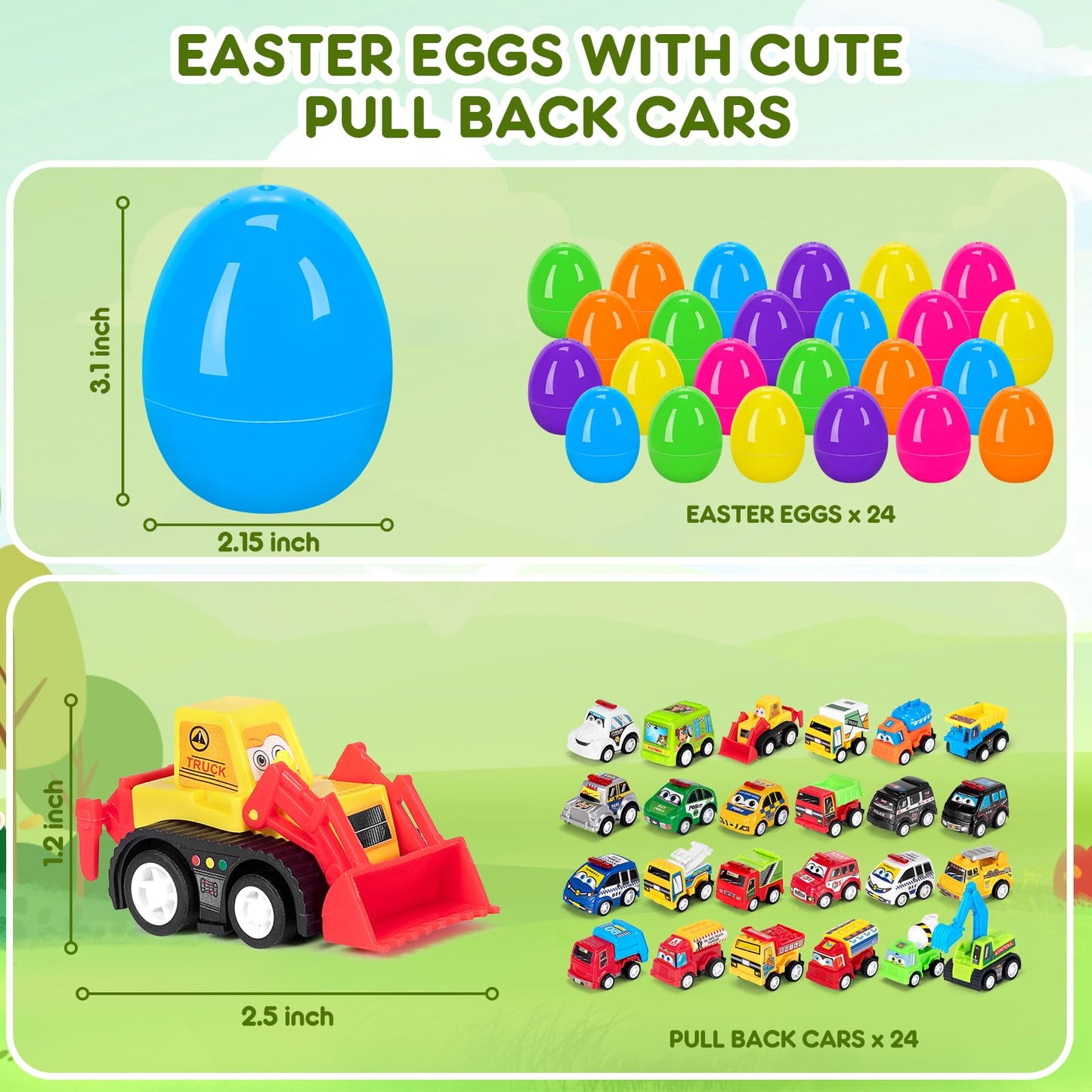 SUGFUT 24 PCS Prefilled Easter Eggs with Toys Pull Back Cars Easter Basket Stuffers for Toddler Gifts for Kids - Easter Party Favors