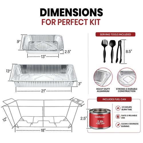 Disposable Chafing Dish Buffet Set, 33 Piece of Chafing Servers with Food Warmers, Covers, Half-Size Food Pans, Water Trays, Serving Utensils, Foil Lids and 4Hr Fuel Cans for Parties, Catering