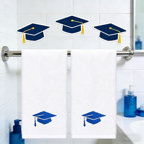 FYSUIMU Graduation Hand Towels - Embroidered Cotton Blue Diploma Cap | Absorbent 29.5 x 13.7 Inch
