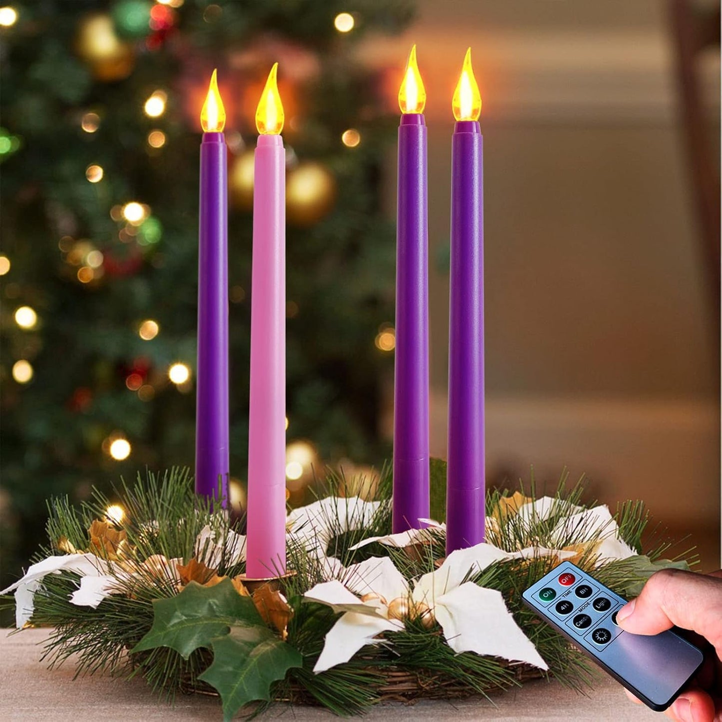 Regine Switzerland Flameless Taper Candles - Set of 4 Battery Operated, Flickering Purple & Pink