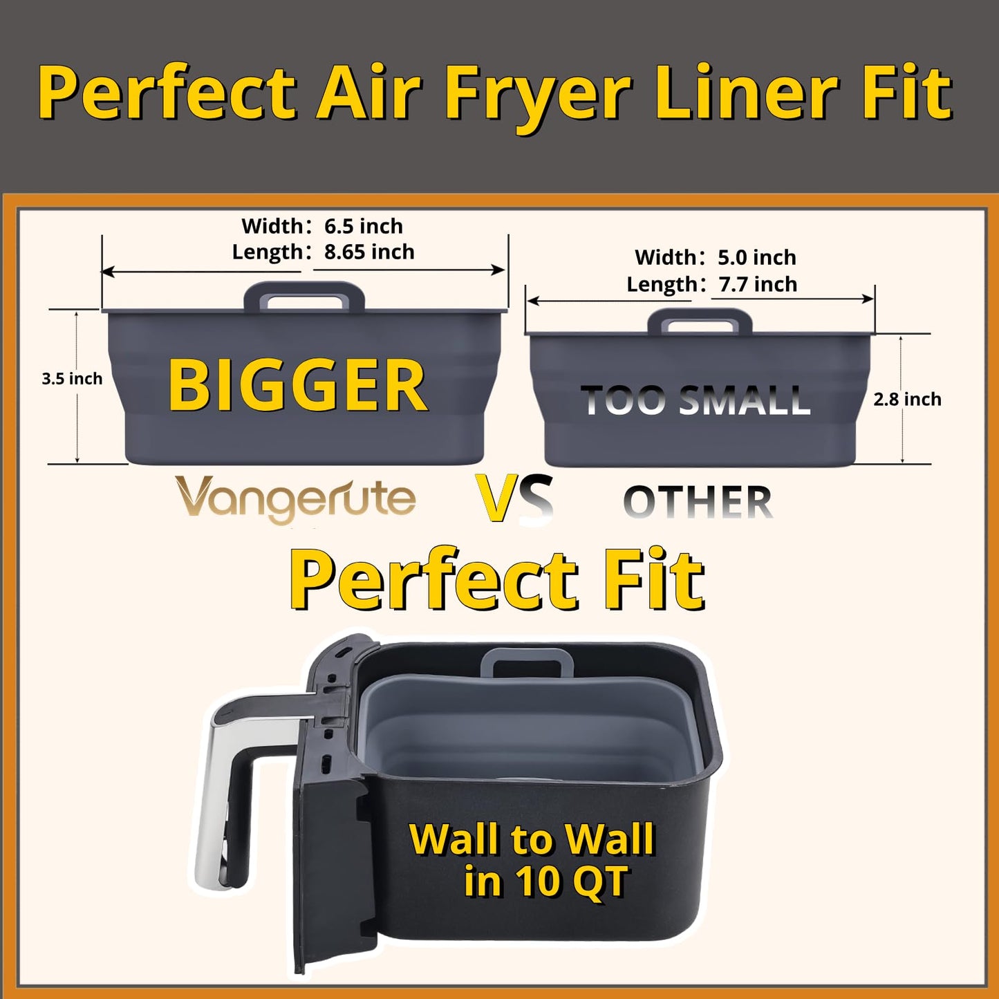 Vangerute Collapsible 2-Pack Air Fryer Silicone Liners for 10QT NINJA Foodi Dual, Reusable Rectangular Silicone Basket Pot for Air Fryer Accessories (Gray)