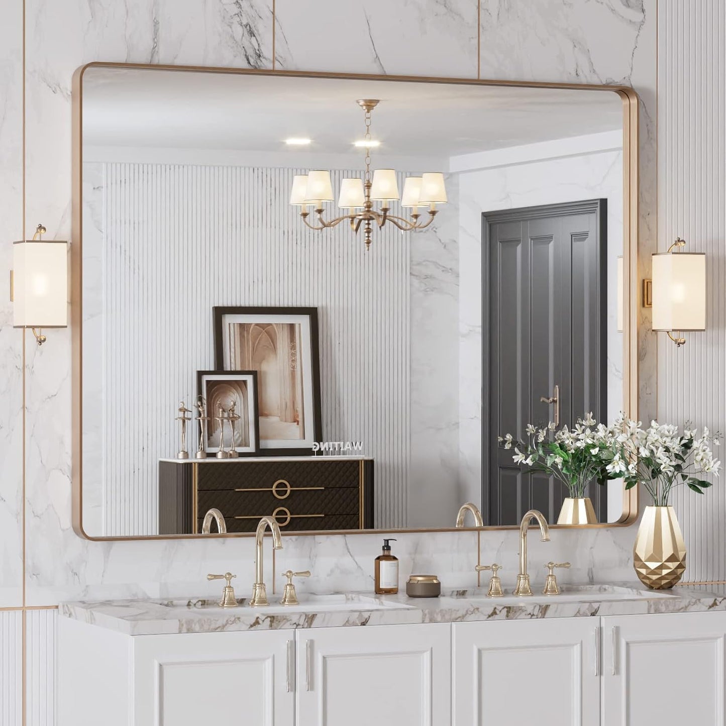LOAAO Gold Bathroom Mirror - 48”X36” Rounded Rectangle Design | Anti-Rust Tempered Glass, Wall-Mounted