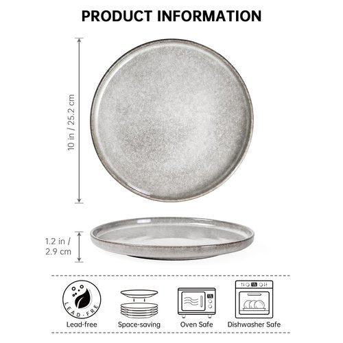 Henten Home 10 Inch Ceramic Dinner Plates, Porcelain Steak Plates Set of 4, Fluted Round Plates for Kitchen, Pasta, Salad Stonware Dishes, Scratch Resistant (Grey)