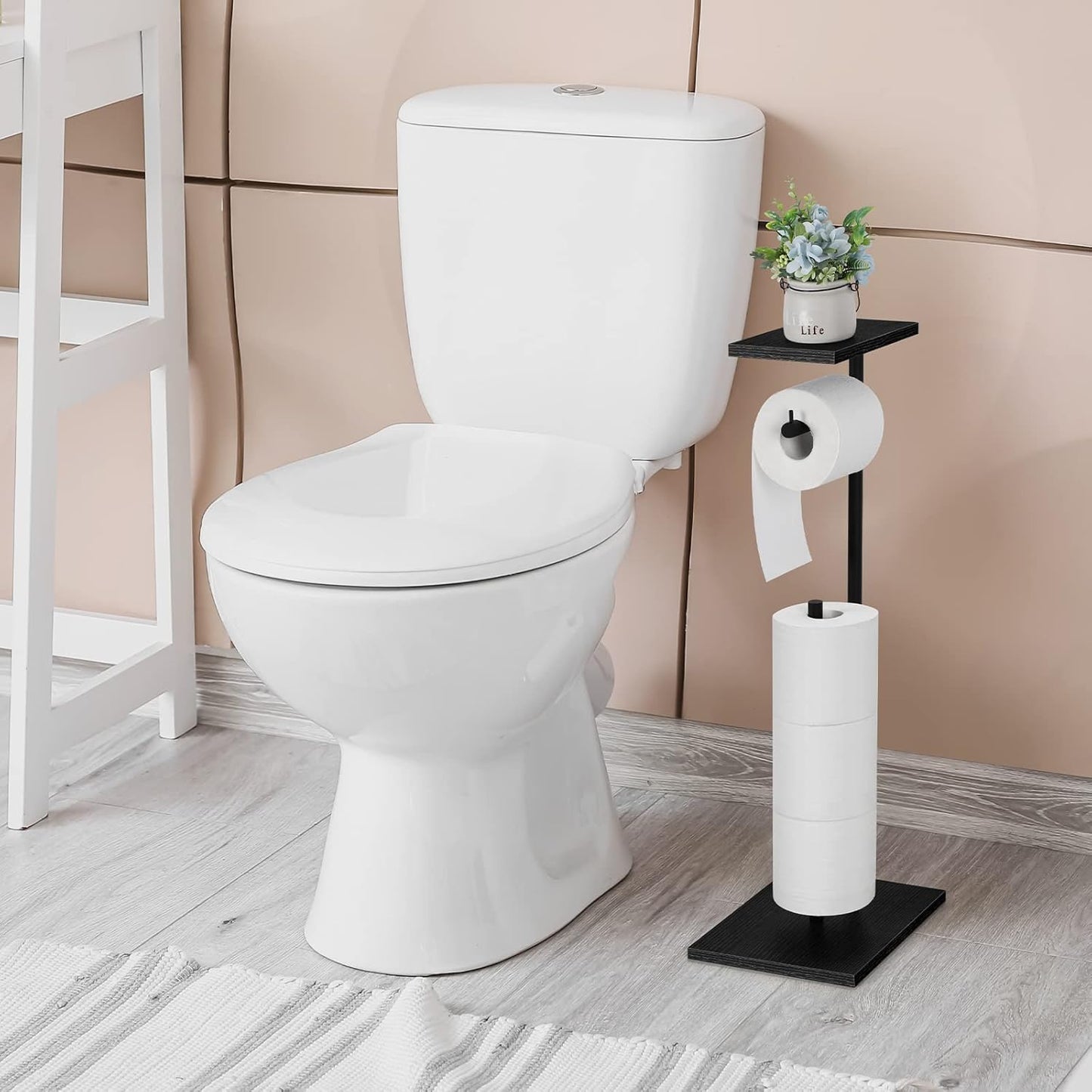 Skiennix Free Standing Toilet Paper Holder - Black Bathroom Tissue Dispenser with Storage Shelf