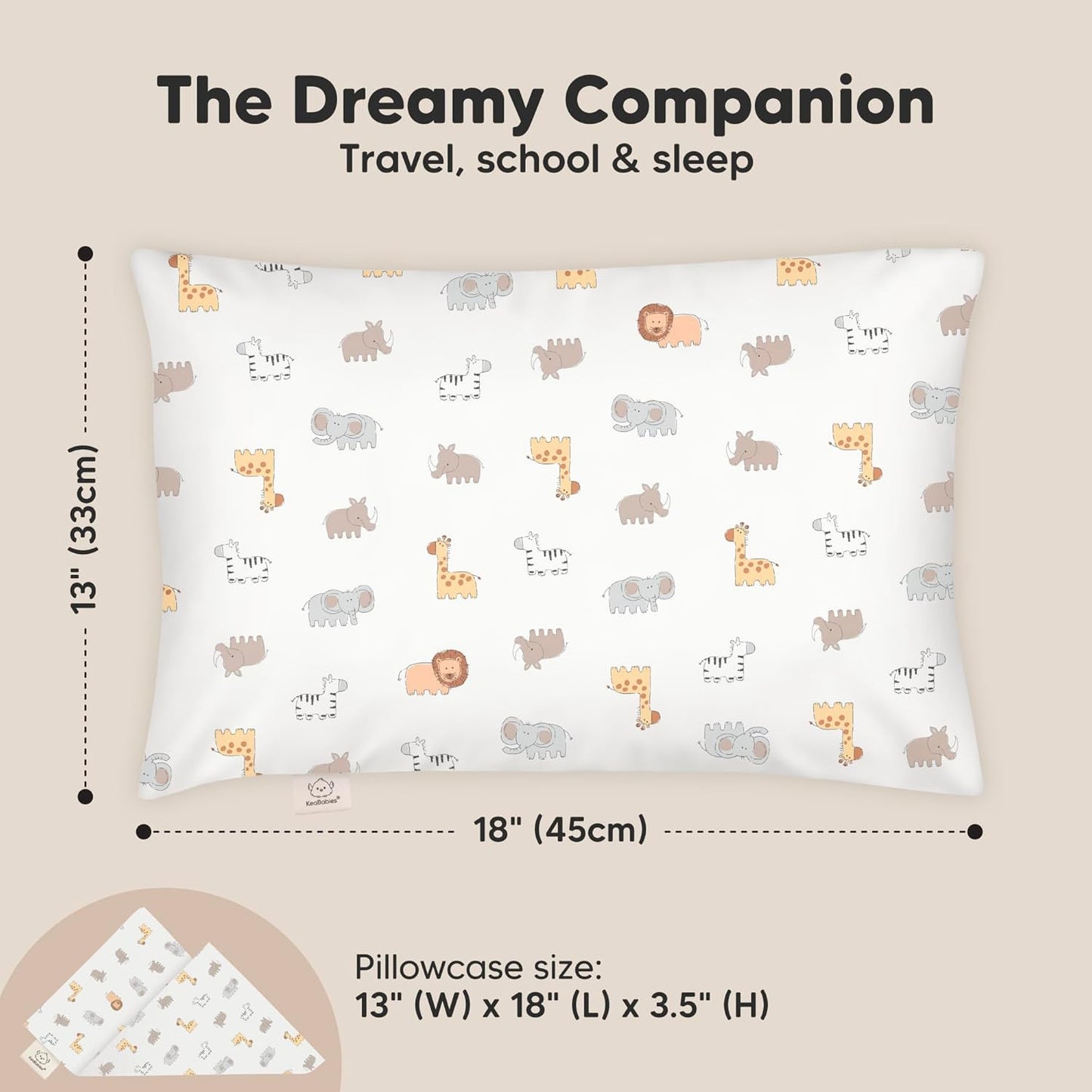 My Little Dreamy Toddler Pillow - Organic Cotton Travel Pillow with Soft Pillowcase | 13x18, Machine Washable, Ideal for Ages 2-5 (Safari Echo)