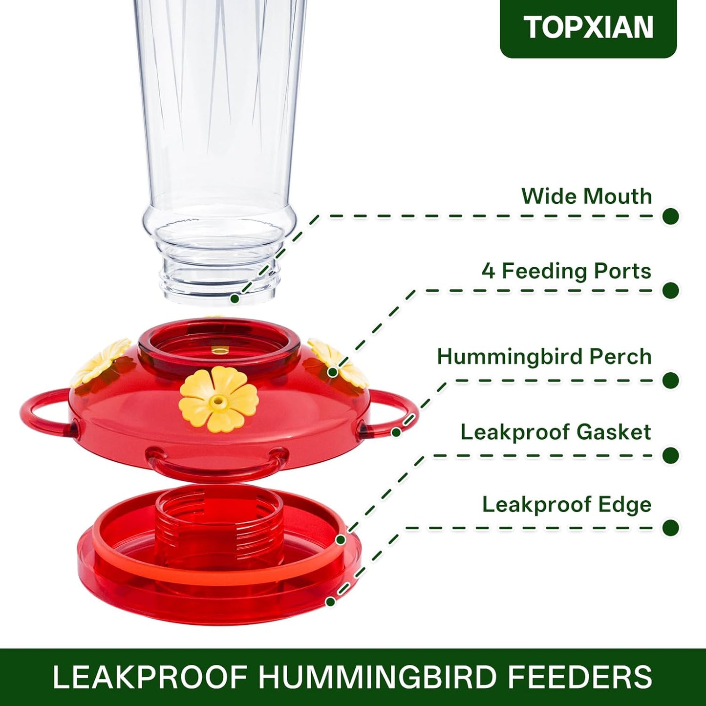 Skiennix Hummingbird Feeder - 2-Pack 14 Oz Ant & Bee Proof Design | Leak-Proof Nectar Feeders with 4 Feeding Ports
