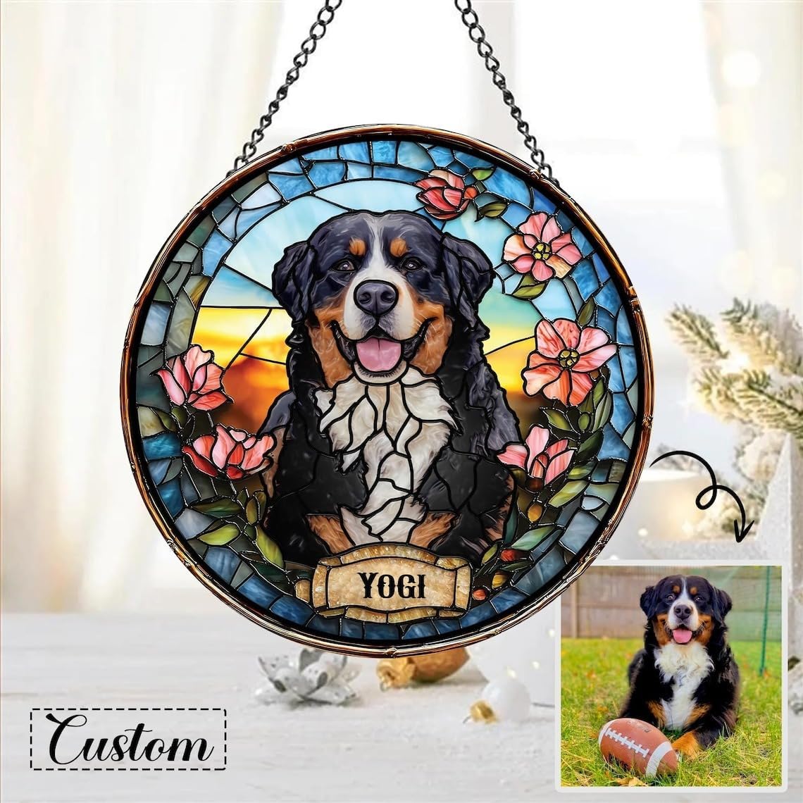 Skiennix Custom Dog Portrait Stained Glass Light Catcher - Personalized Pet Memorial Gift | Unique Sympathy Keepsake