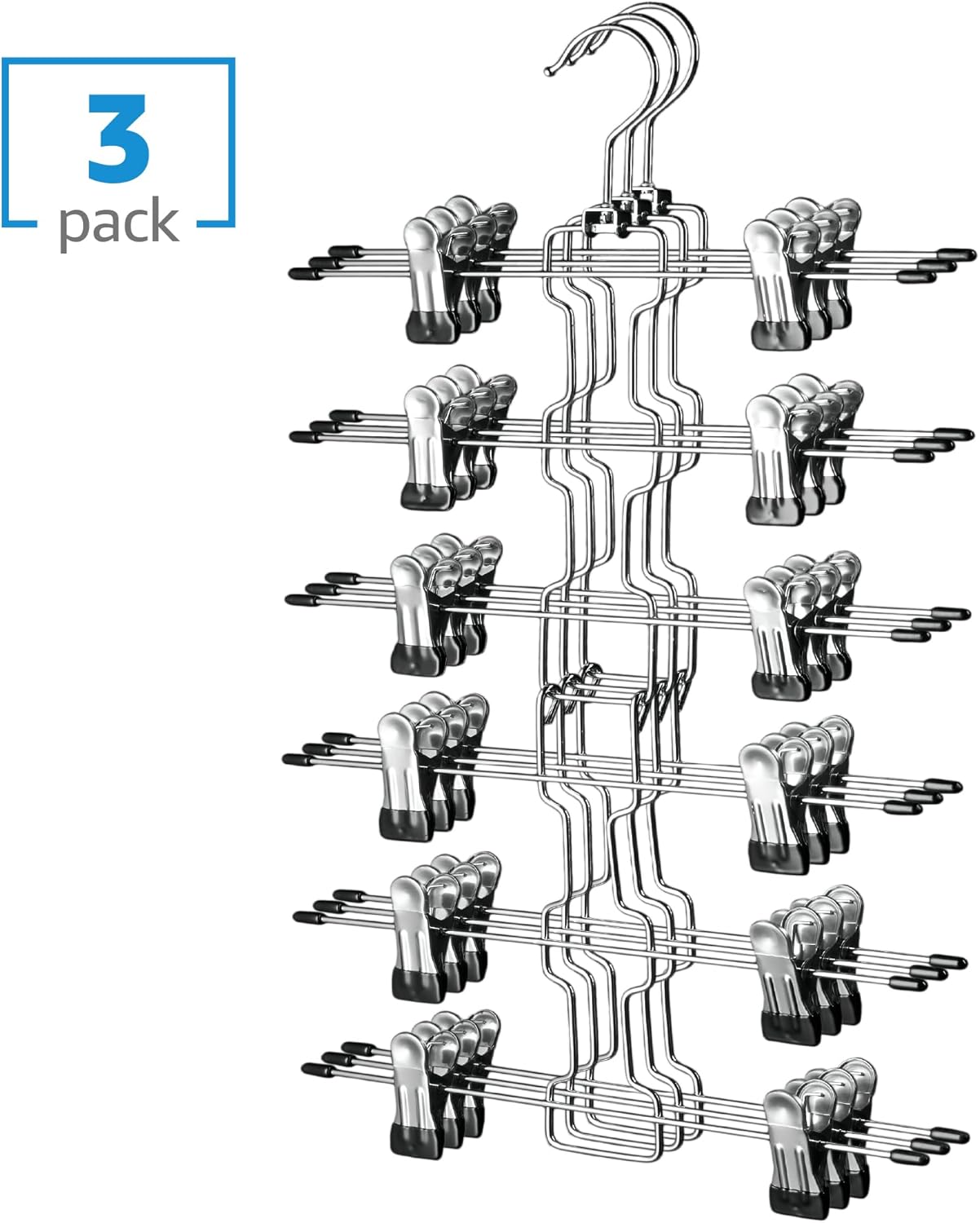 ZOBER 3-Pack 6-Tier Skirt Hangers with Clips - Space-Saving Closet Organizer for Women’s Jeans & Skirts