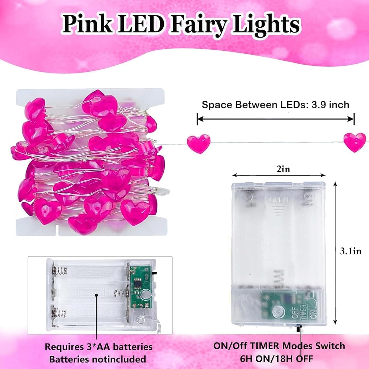 Skiennix 10FT Pink Heart Fairy Lights - Battery Operated LED String Lights with Timer for Indoor/Outdoor Decor