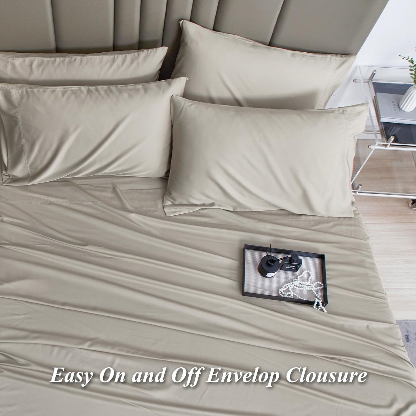 David's Home 6PCS Cooling Sheets Set Queen Size, 100% Rayon Derived from Bamboo, 16" Deep Pocket 2.5cm Wider Elastic, Luxury Silky Breathable for Hot Sleeper,Breathable Smooth Soft, Light Taupe