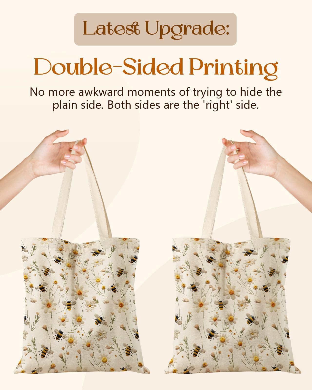 Miss Adola Canvas Tote Bag for Women - Aesthetic Canvas Totes with Pockets Cute Funny Design Ladies Reusable Cloths Shoulder Bag for Shopping Daily Work Casual, Flower Bee