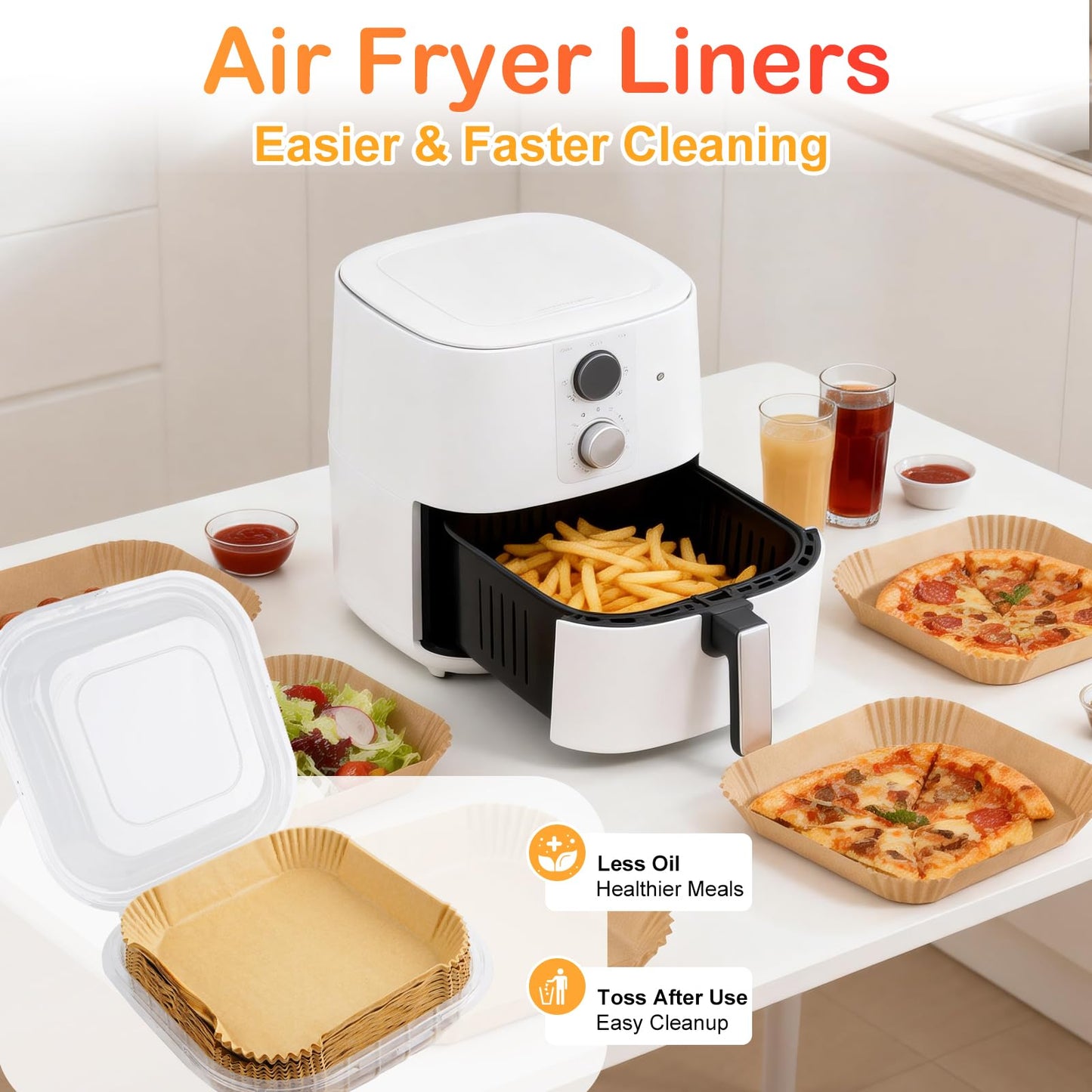 400 Pcs Air Fryer Liners Disposable, 8” Square Unbleached Heavy Duty Air Fryer Paper Liners, Parchment Paper for 5-8 qt Airfryer Basket, Non-Stick & Non-Leak Airfryer Liners for Deep Fryer Accessories