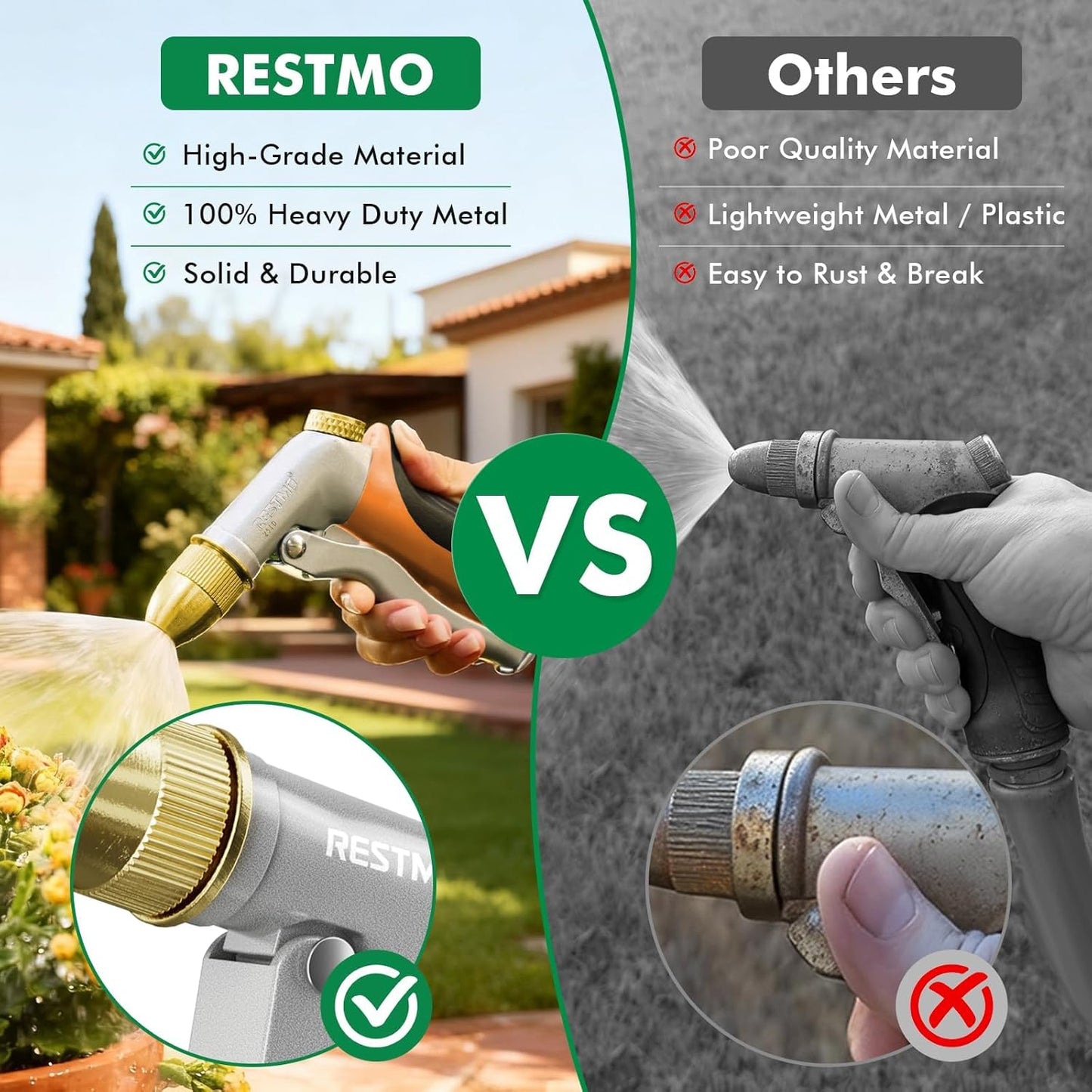 RESTMO Heavy Duty Metal Hose Nozzle - High Pressure Adjustable Spray for Garden, Car, and Patio | Orange