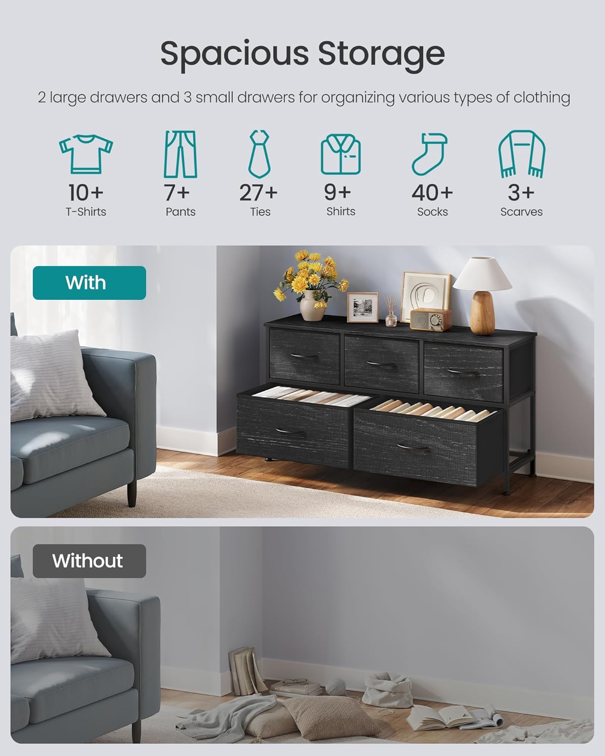 SONGMICS Dresser - Modern 5-Drawer Chest of Drawers for Bedroom Storage | Ebony Black Finish