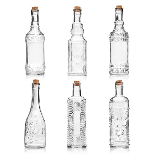 BULK PARADISE Assorted Clear Glass Bottles with Corks, 6 Pack, 2.5in X 9in, 16oz