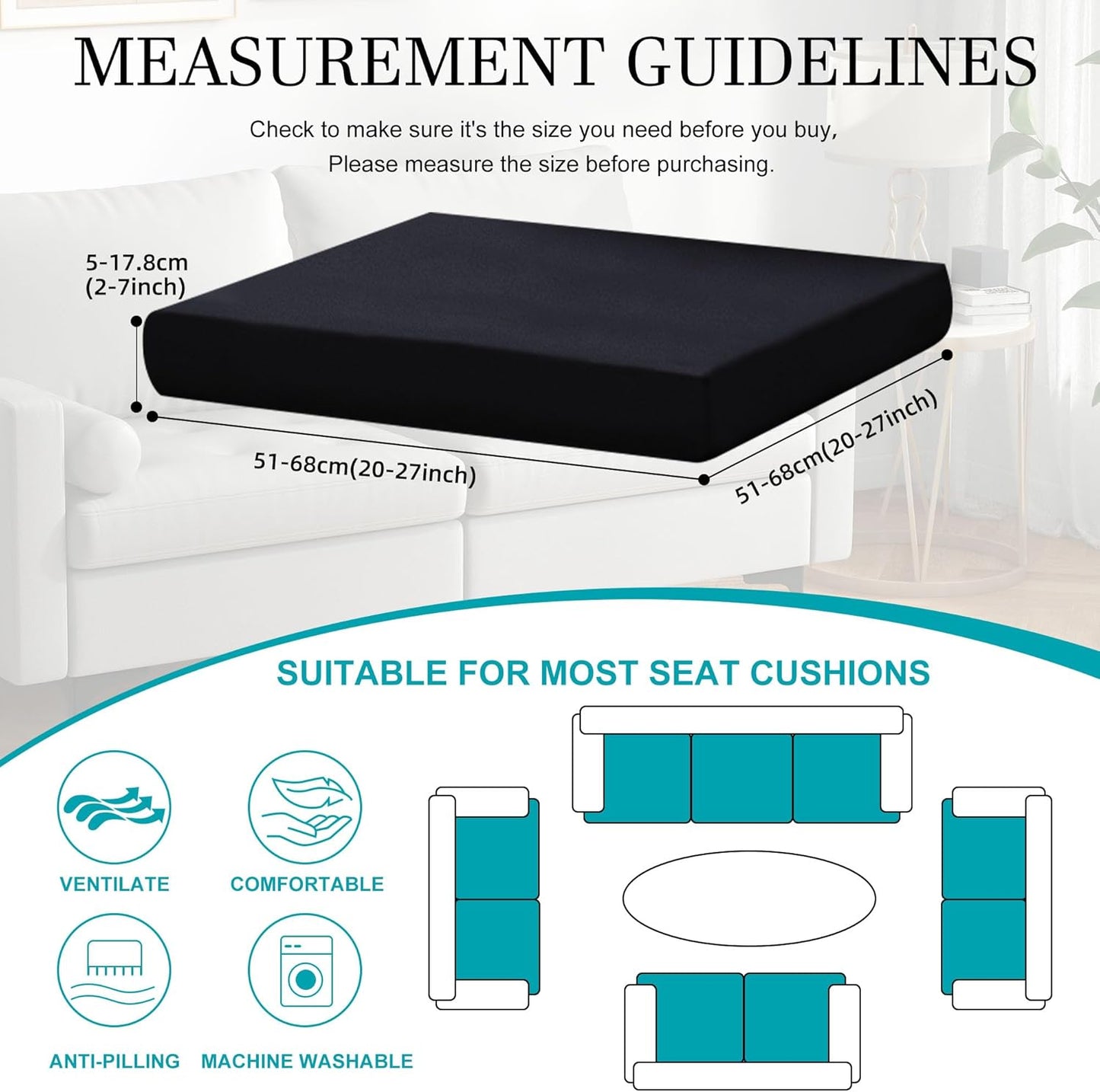 Skiennix 12 Pcs Stretch Patio Cushion Covers - Washable Outdoor Sofa Slipcovers | Black, Cover Only