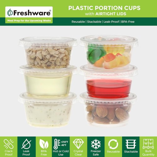 Freshware Portion Cups - 3.25 Ounce Disposable Plastic Cups with Lids for Meal Prep & Sauces | 100 Sets