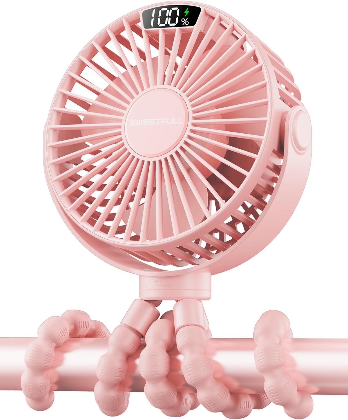 Sweetfull Portable Stroller Fan - 4-Speed Rechargeable Mini Clip-On Fan with LED Display | Pink