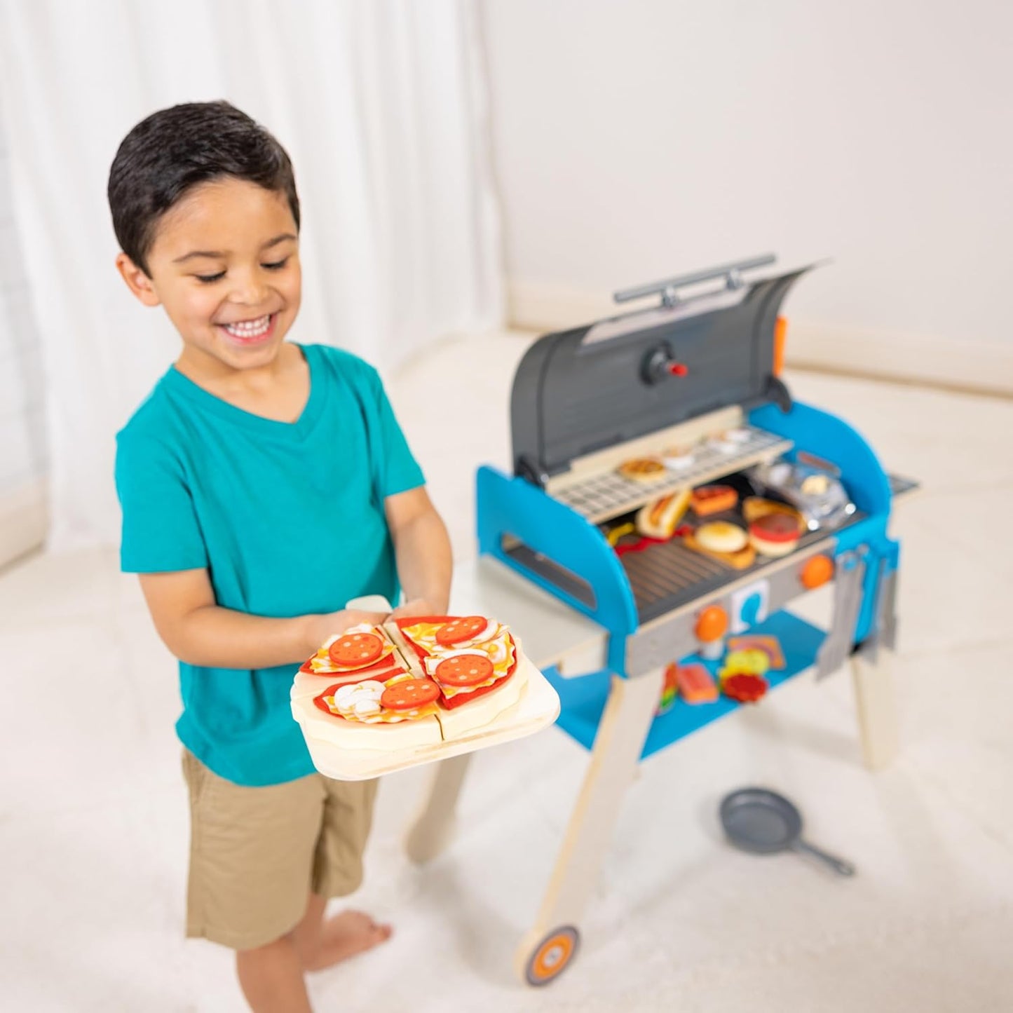 Melissa & Doug Deluxe Wooden Barbecue Grill & Smoker | Kids Play Kitchen Set with Pizza Oven & Toy Food - FSC Certified for Ages 3+