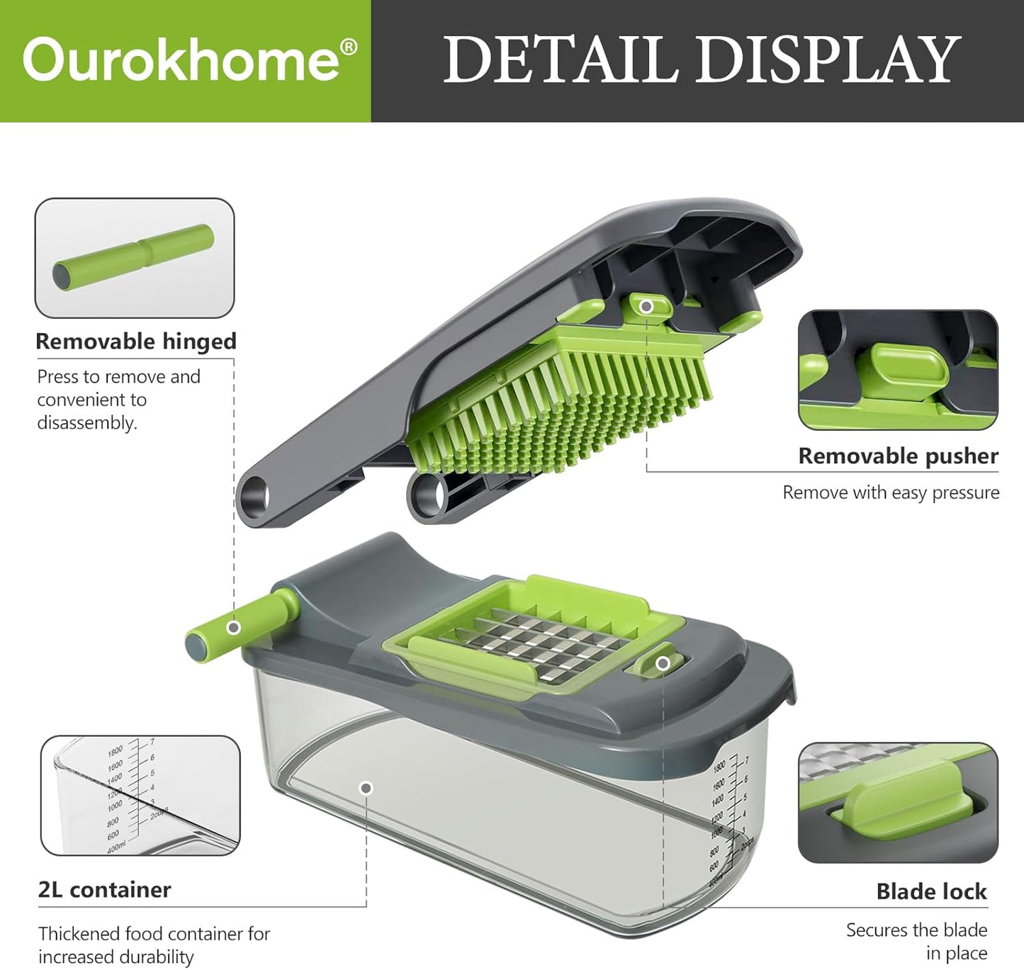 Ourokhome Vegetable Chopper - Manual Hand Dicer with 2 Blades for Potatoes, Onions & Carrots | 2-in-1 Gray Kitchen Gadget