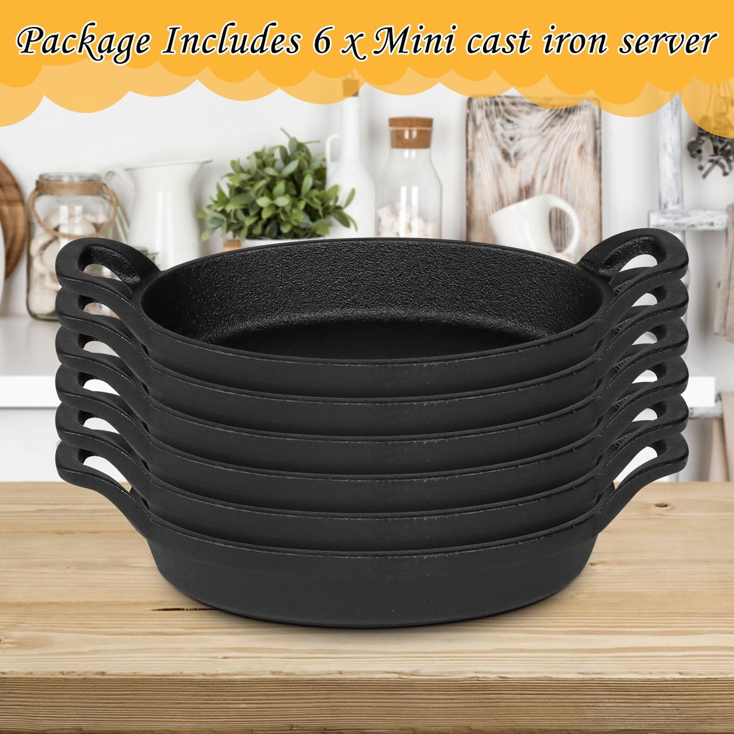 6 Pack Mini Cast Iron Skillets,6 x 3.8 x 1.2 Inch Oval Cast Iron Pan,Small Ramekin Set Black Casserole Dish Cookware Oven Safe Mini Skillets for Kitchen BBQ Indoor Outdoor Picnic