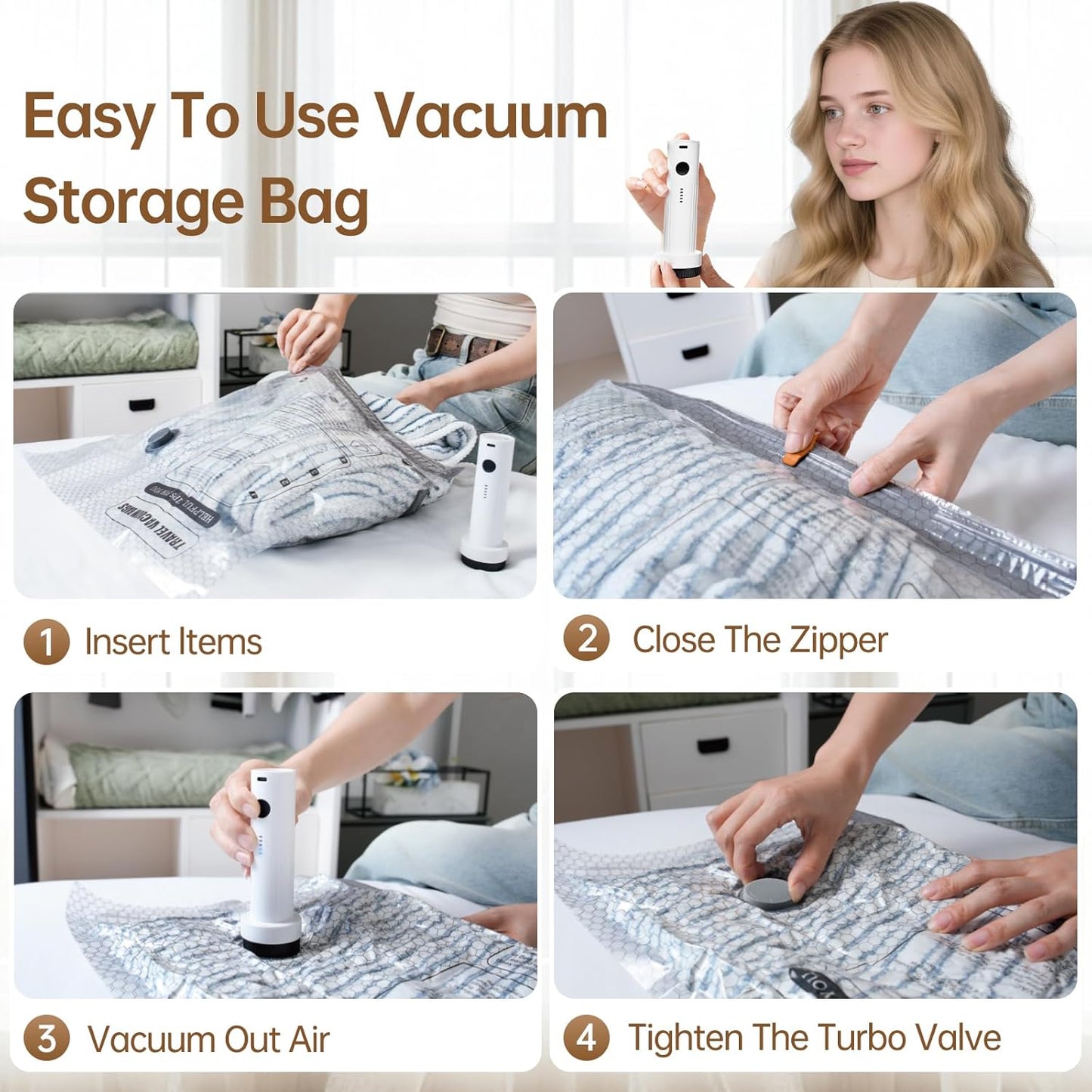 Skiennix Vacuum Bags - 15 Pack Travel Compression Bags with Wireless Pump | Space Saver for Luggage