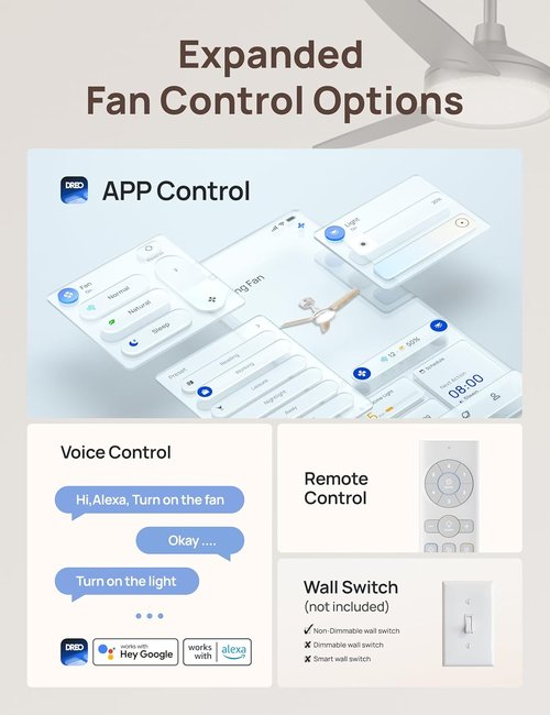 DREO Smart Ceiling Fan - 42 Inch White Fan with Dimmable LED Light & 12 Speeds | Quiet DC Motor, Remote Control