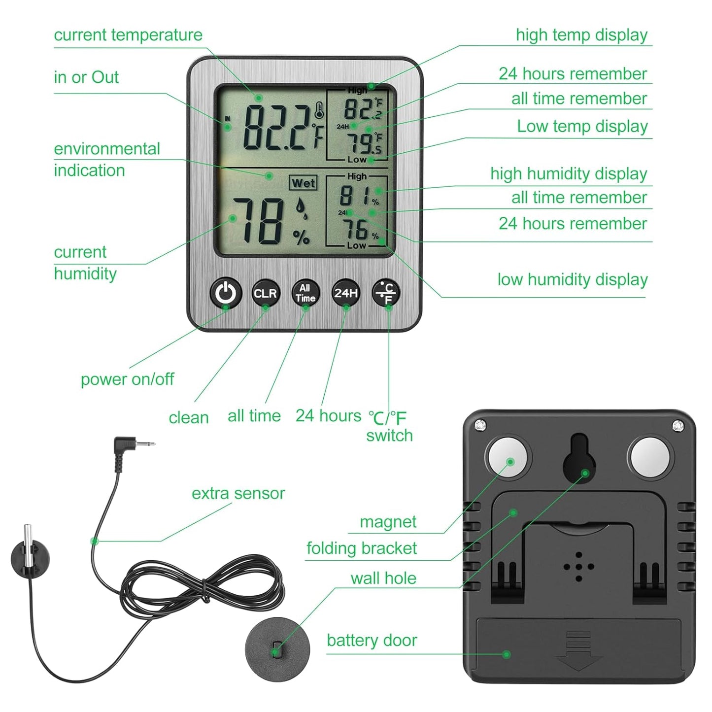 ZZ20 Digital Refrigerator Freezer Thermometer - Extra Sensor & Hygrometer with Max/Min Memory - Black