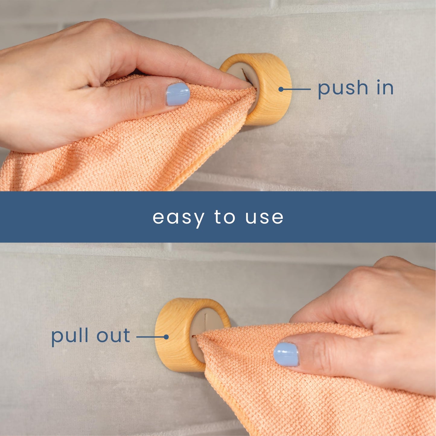 S&T INC. Round Adhesive Push Towel Hooks for Kitchen, Hand and Dish Towels, Plastic, Bamboo, 4 Pack