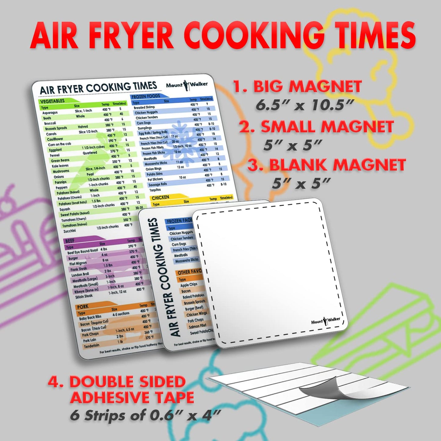 Air Fryer Magnetic Cheat Sheet Set - 100+ Food Cooking Times Chart with Large Clear Font - Air Fryer Accessories Magnetic Sheet for Ninja, Cosori, Instant Vortex - Waterproof & Durable (3-Piece)