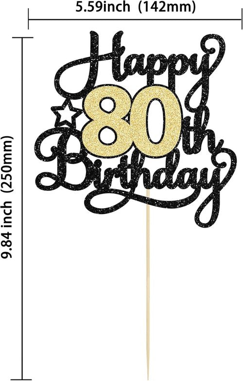 Happy 80th Birthday Cake Topper by [Brand Name] - Black Gold Glitter Decoration for 80th Anniversary Celebration