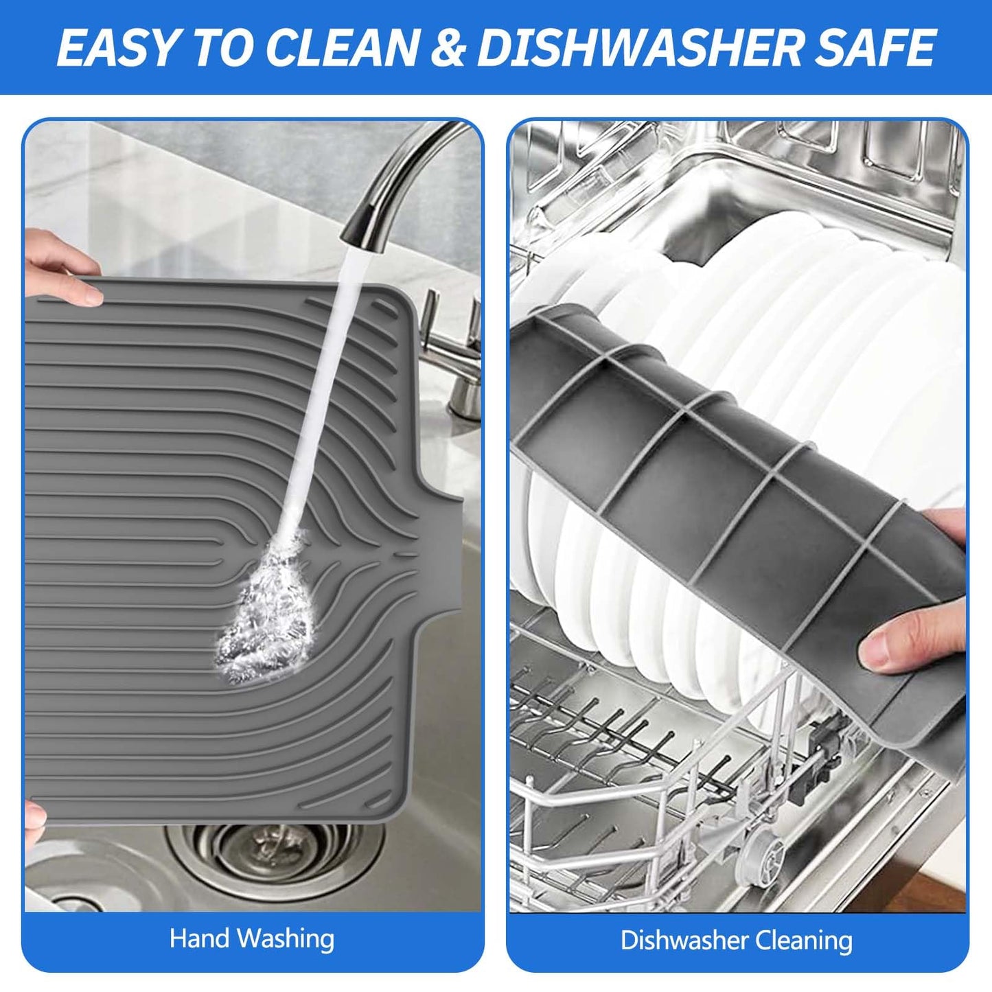 Dish Drying Mat for Kitchen Counter, with Built-in Drain Lip, 18x11.8 inch, Food-Grade Silicone, Easy Clean Pad for Countertop Protection, Heat Resistant, Easy Clean, Multi-Functional Use (Grey)