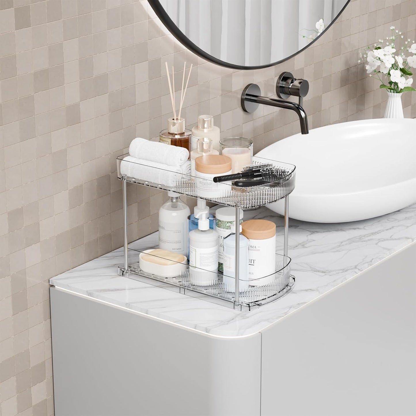 Skiennix Large Pull-Out Bathroom Organizers - 2 Tier 12.8" Tall Acrylic Under Sink Storage