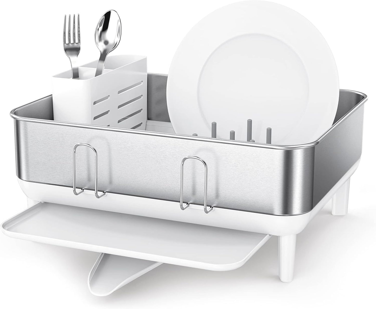 simplehuman Compact Dish Drying Rack - Swivel Spout, Fingerprint-Proof Stainless Steel, White Plastic