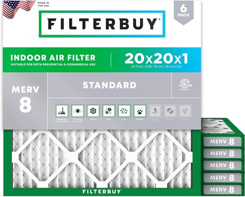 Filterbuy 20x20x1 Air Filter - MERV 8 Dust & Allergy Defense | 6-Pack Electrostatic Pleated HVAC Filters