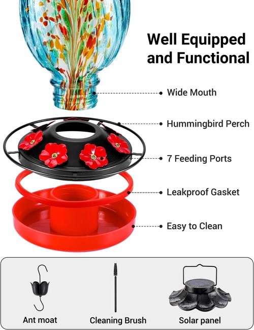 HouseSapp Solar Hummingbird Feeder - 49 Fl. Oz Color Changing Glass - 7 Feeding Ports with Perch - Ideal for Outdoor Use (Blue)