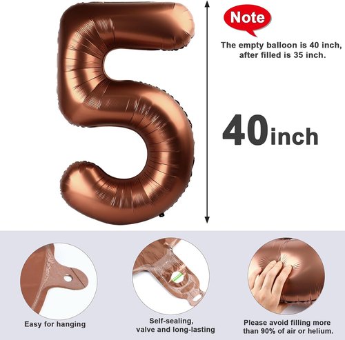 Balloon Numbers | 40 Inch Big Coffee Brown Number Balloons for 5th Birthday & Wedding Decor