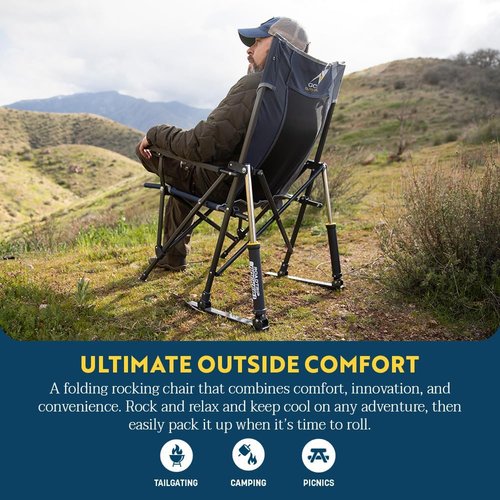 GCI Outdoor RoadTrip Rocker Camping Chair - Portable Folding Rocking Chair with Drink Holder & Extended Backrest - Indigo Blue