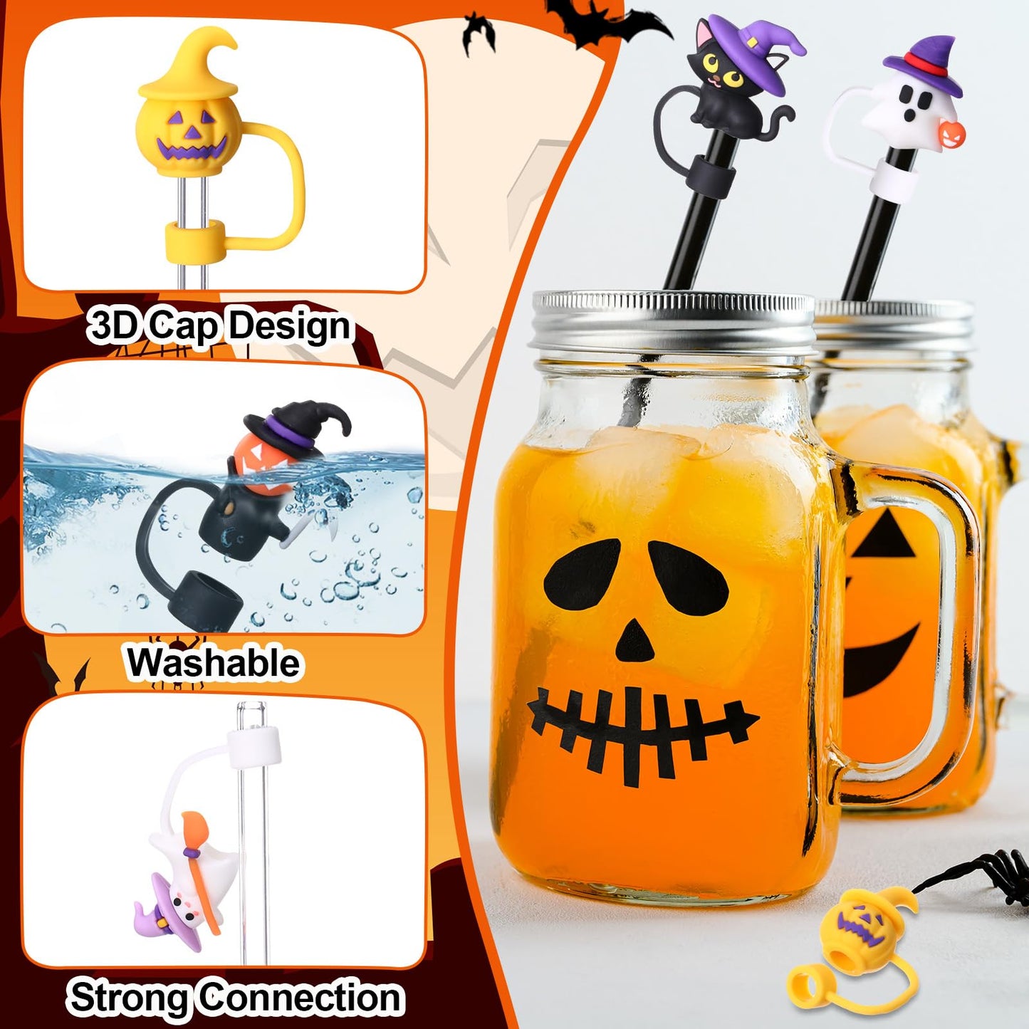 Honeydak 36 Pcs 3D Halloween Straw Toppers for Cup Silicone Straw Cover Cap for 30&40 oz Tumbler, 10 mm Silicone Toppers with Handle, Reusable Dustproof Tips Lids for Halloween Gifts Party Supplies