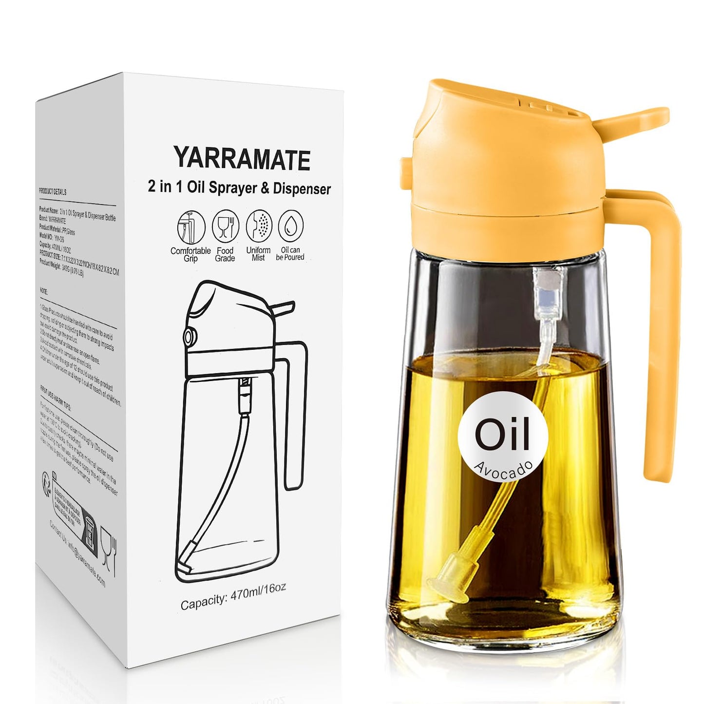 YARRAMATE 16oz/470ml Glass Olive Oil Sprayer for Cooking with Stickers, 2 in 1 Oil Dispenser for Kitchen Gadgets, Food Grade Premium Spray Bottle with Portion Control for Salad, Frying, BBQ (Orange)
