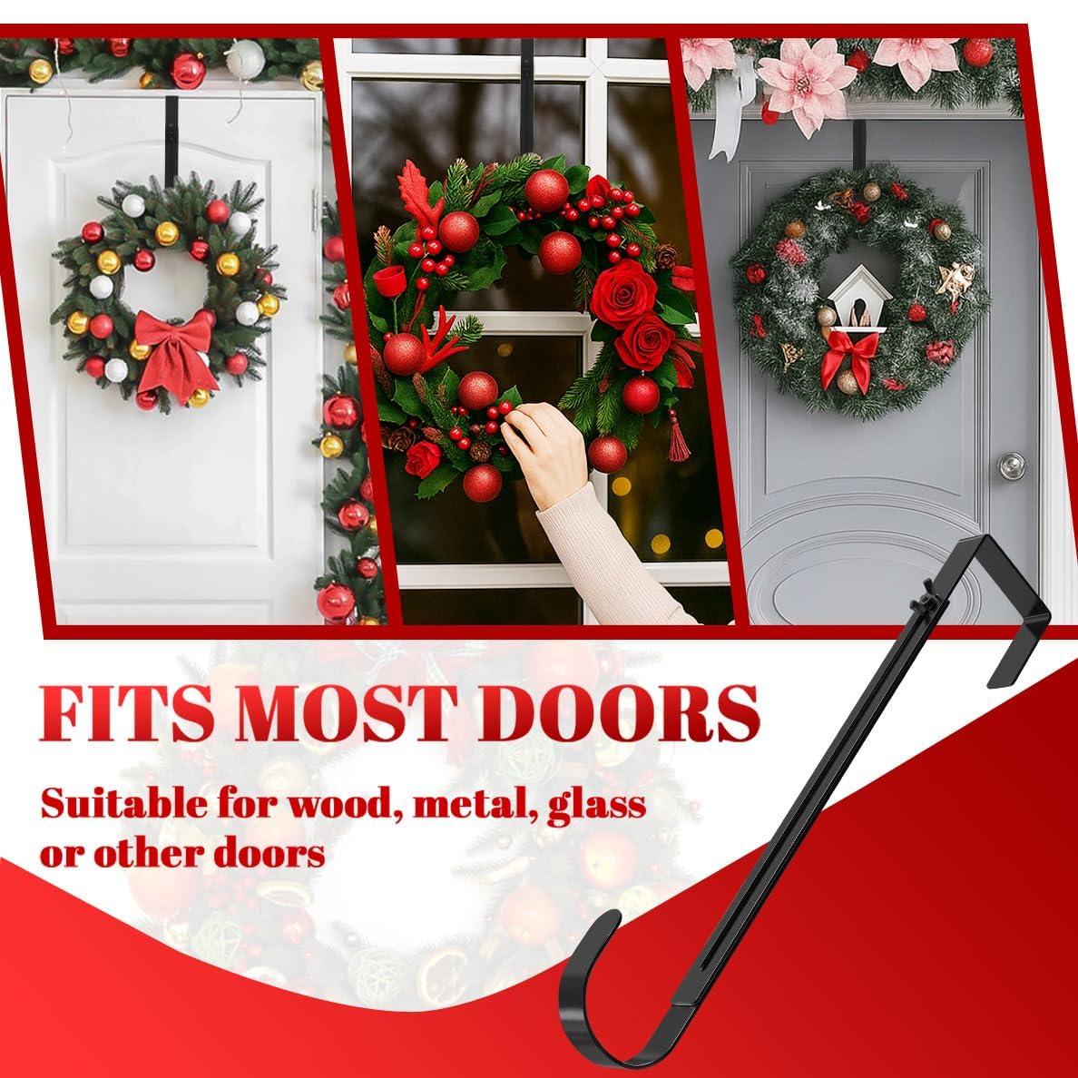 Metal Wreath Hanger for Front Door, Adjustable Wreath Hanger from 12-20", Single Hook, Heavy Duty, Holds up to 20 lbs, Over-the-Door Hook for Hanging Easter, Halloween, Fall, Christmas Decorations
