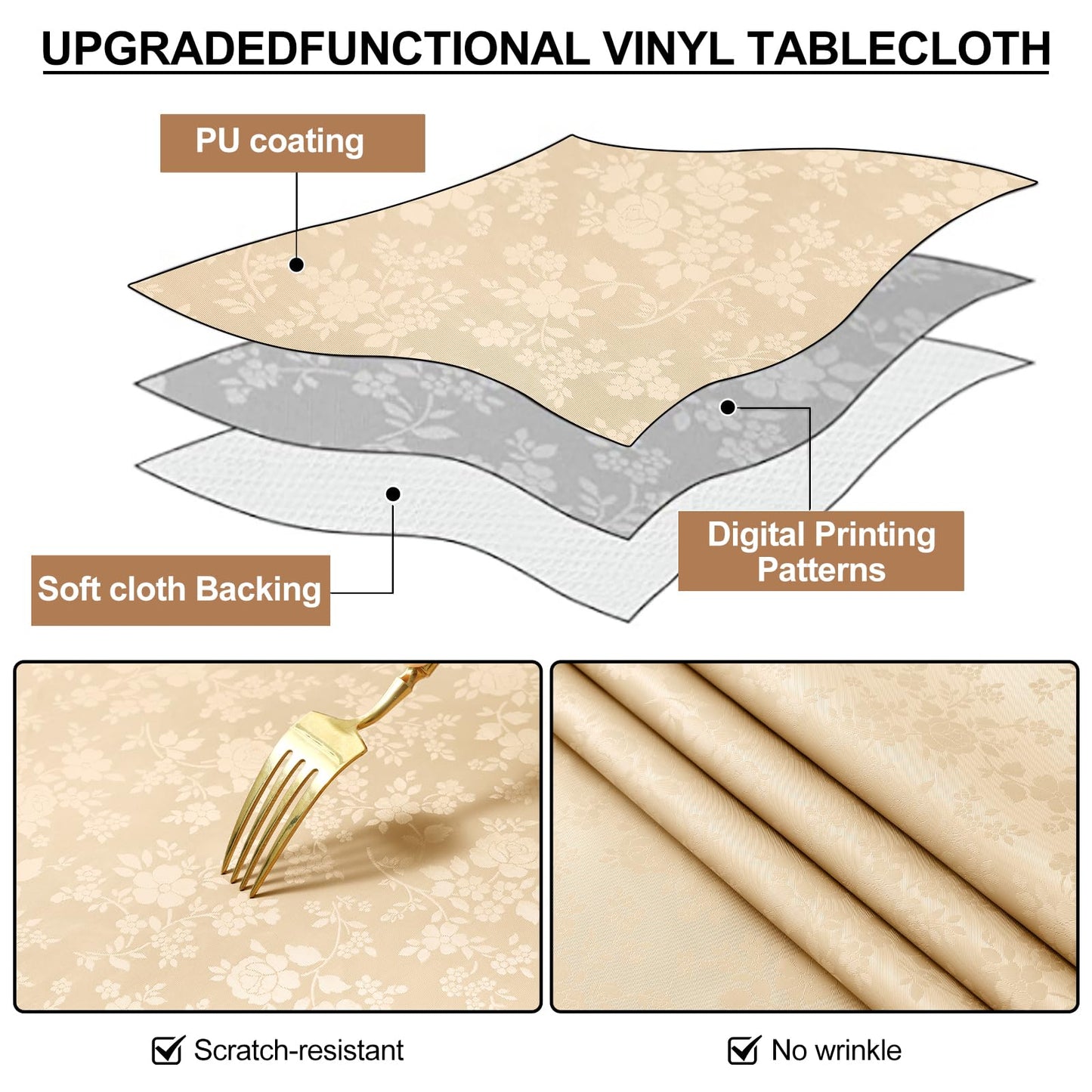 Smiry Rectangle Table Cloth, Waterproof Heavy Duty Vinyl Tablecloths, Wipeable Washable Table Cover for Kitchen and Dining Room (Champagne, 60" X 120")