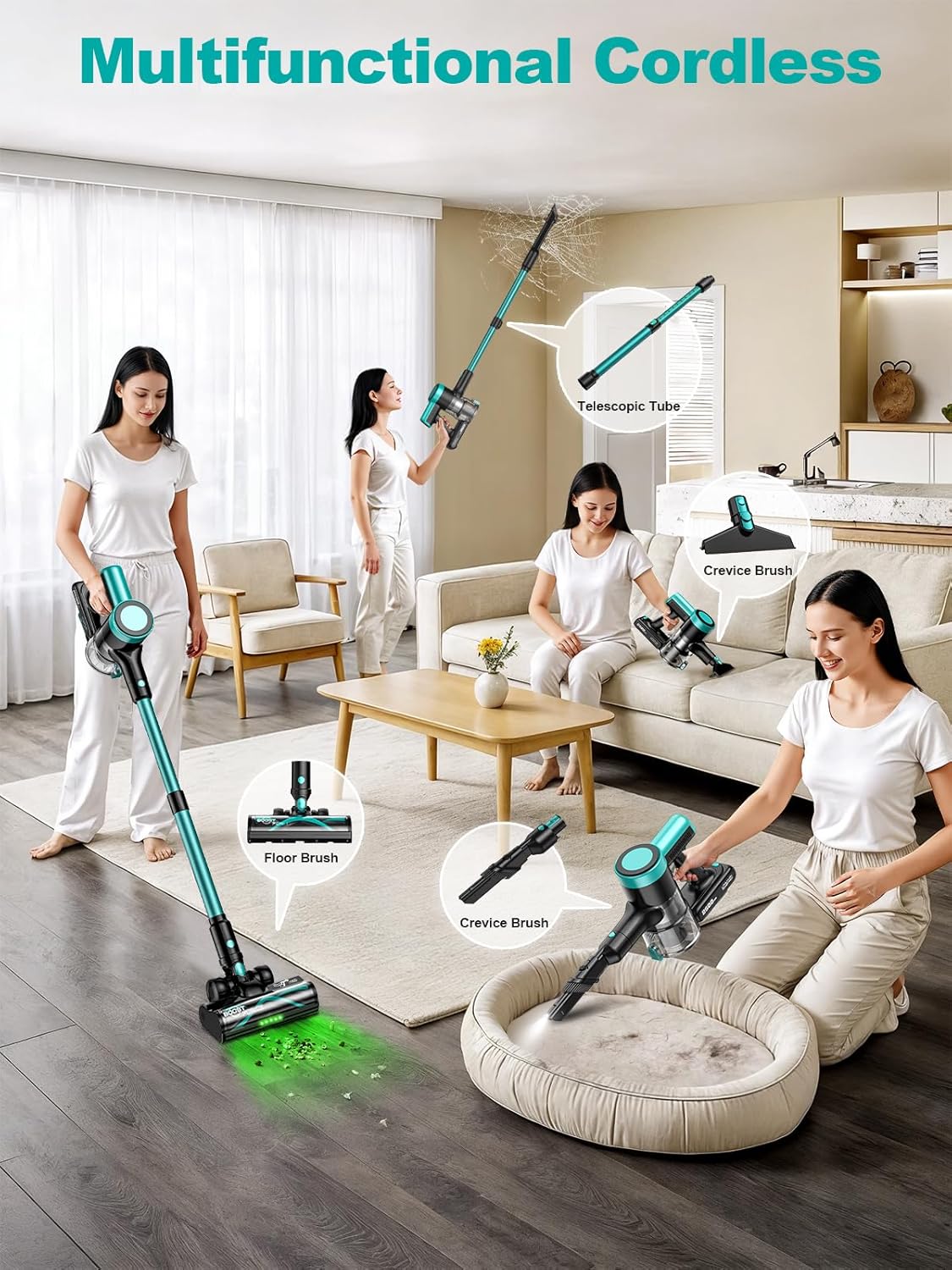 Skiennix Cordless Vacuum Cleaner - 10-in-1 Versatile Design with 55 Minutes Runtime & LED Display | Cyan